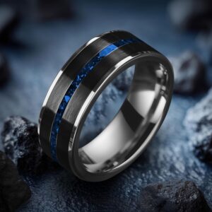 8mm Silver and Black Tungsten Wedding Ring with Crushed Sapphire Inlay, Comfort Fit, Unique Mens RIng, Brushed Black Finish, Free Engraving THE RING OF DARKNESS